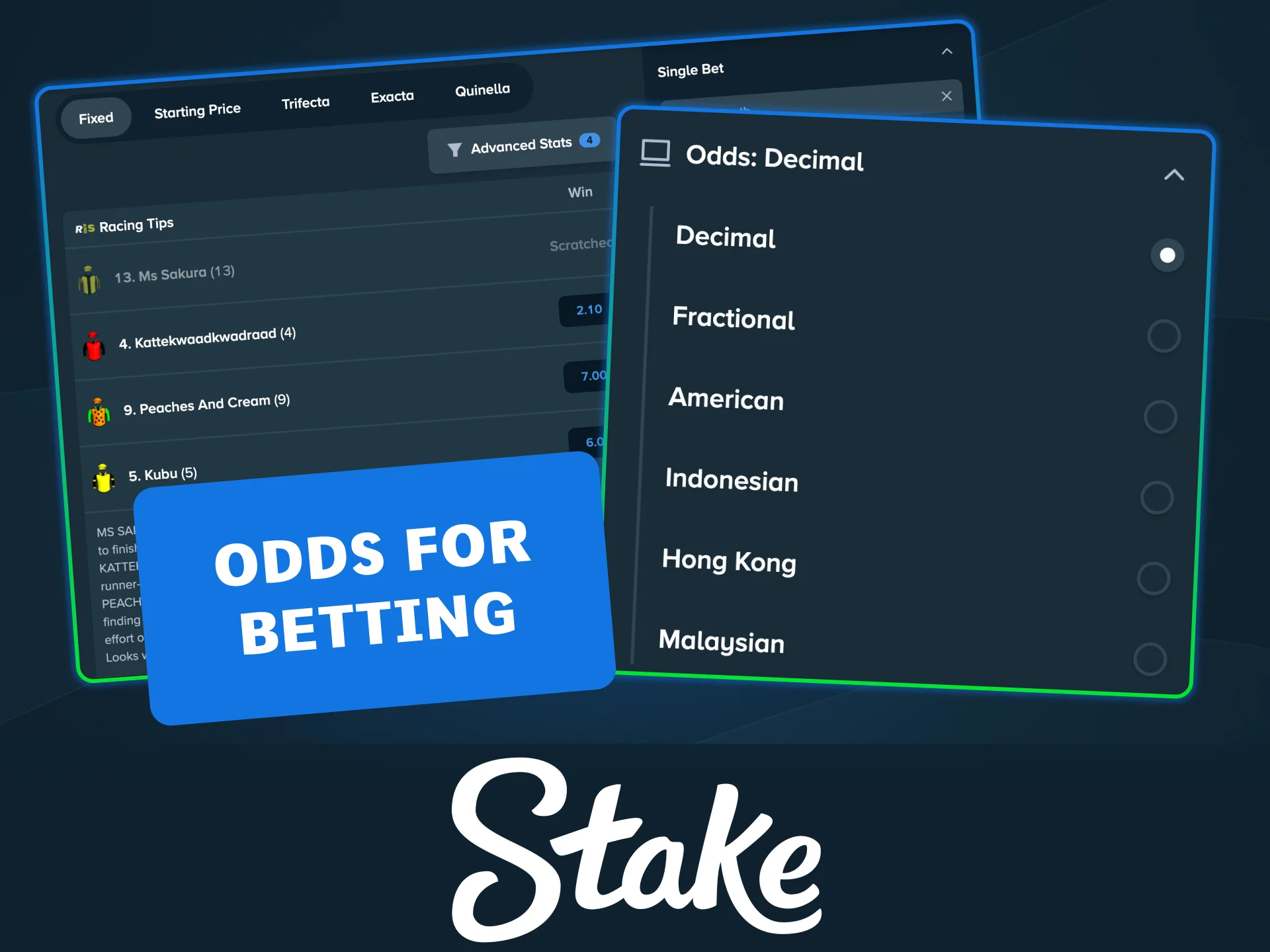 Check racing odds in decimal, fractional, or American formats at Stake.