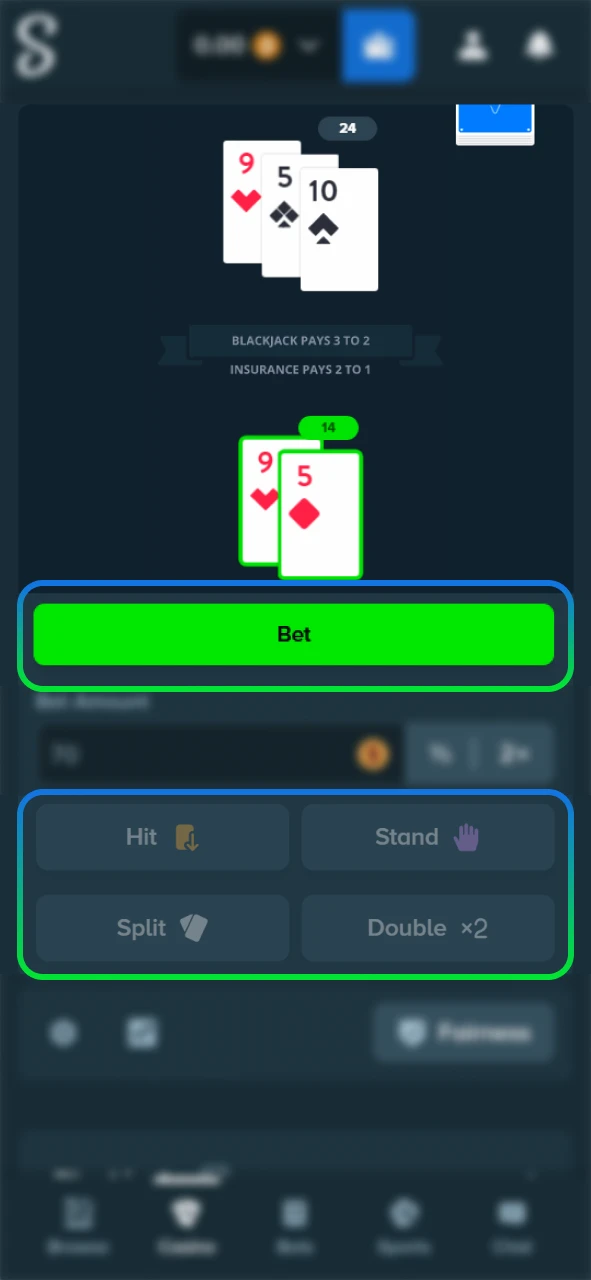 Beat the Blackjack game dealer on the Stake official app.