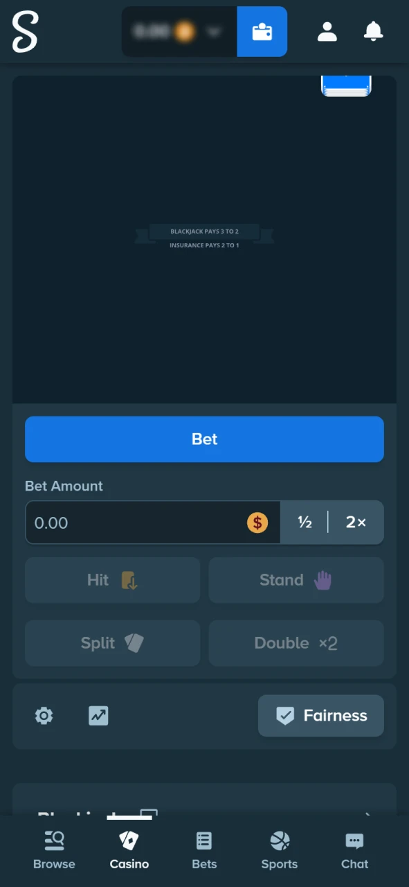 Start your Blackjack game round on the Stake official site.