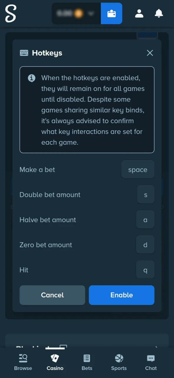 Control the Blackjack game using hotkeys on the Stake official app.