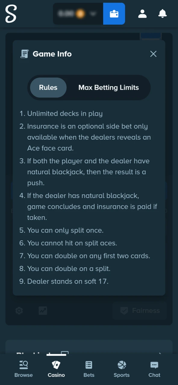 Review Blackjack game rules on the Stake official betting portal.