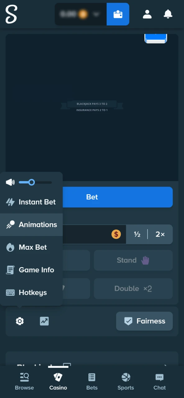 Adjust Blackjack game settings on the Stake official gaming hub.