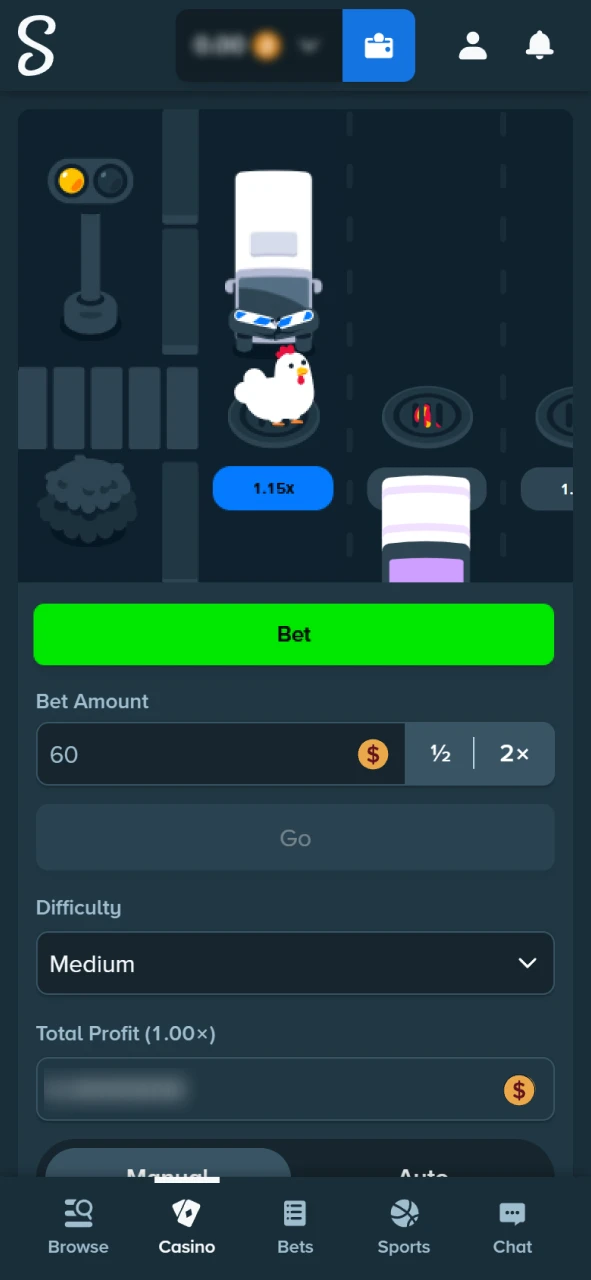 Play the Chicken multiplier game on the Stake official platform.