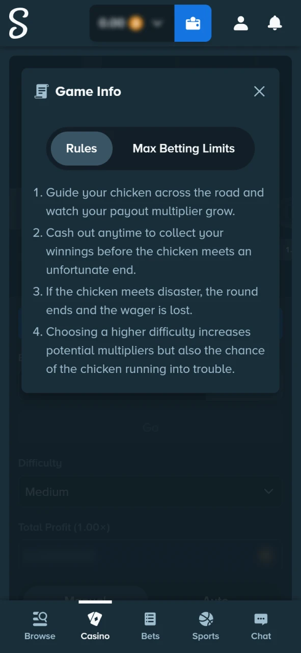 Review Chicken game rules on the Stake official betting portal.