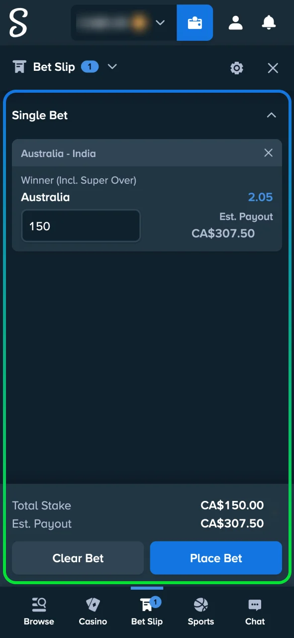 Place your cricket bet at Stake Casino, confirm it, and track it instantly.