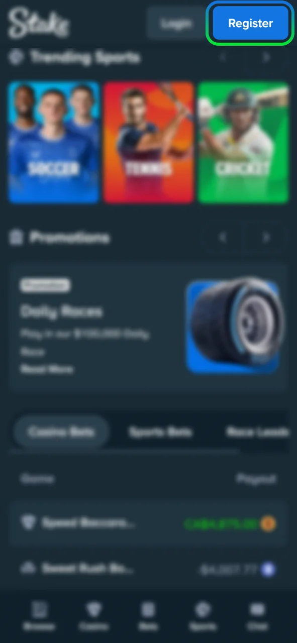 Register your new account at Stake Casino in seconds and start betting on cricket.