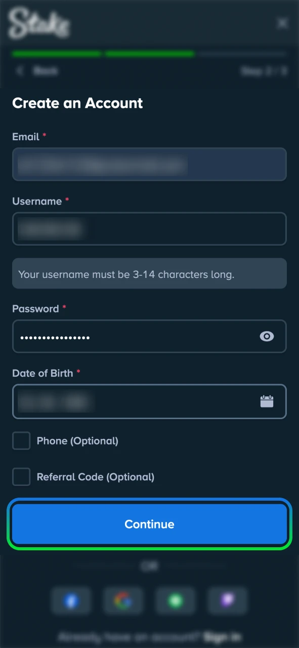 Register for the Keno game on the Stake official site.