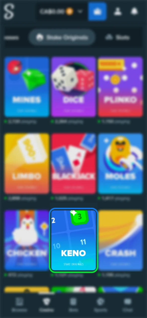 Launch the Keno original game on the Stake official hub.