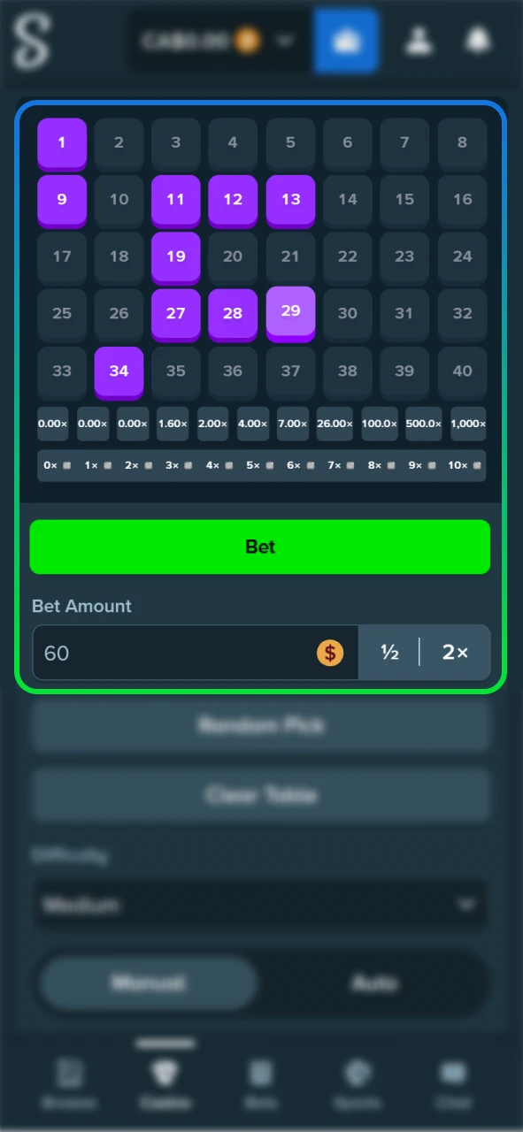 Set your Keno game stakes on the Stake official portal.