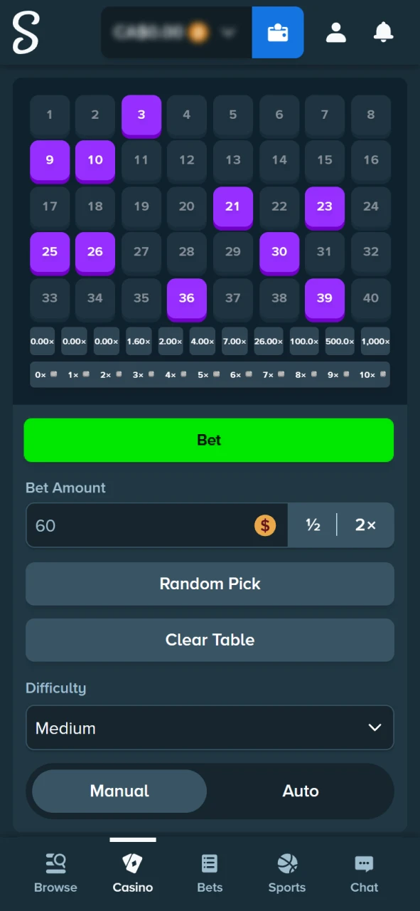 Play the exclusive Keno game on the Stake official site.