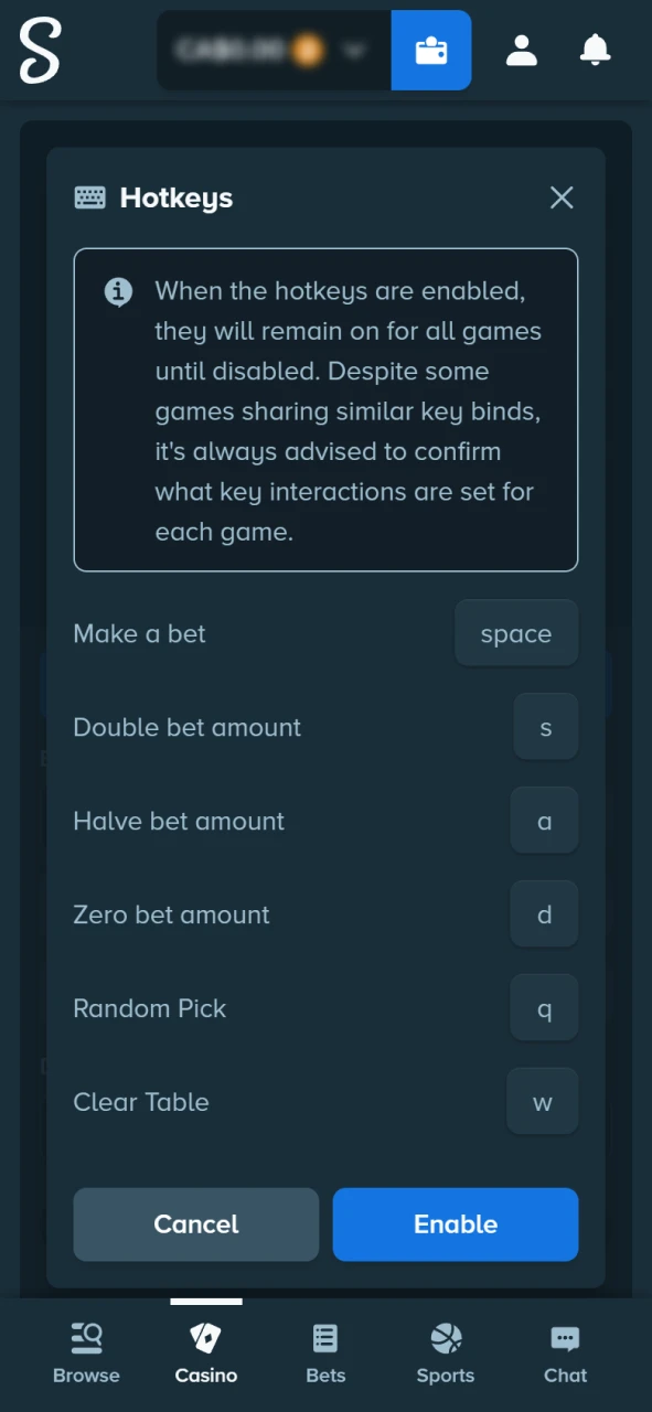 Use keyboard shortcuts for Keno on the Stake.