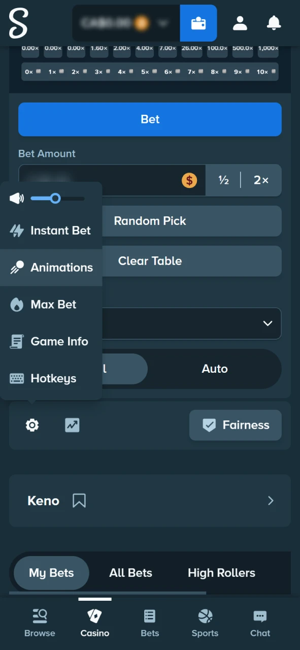 Adjust your gaming preferences on the Stake.