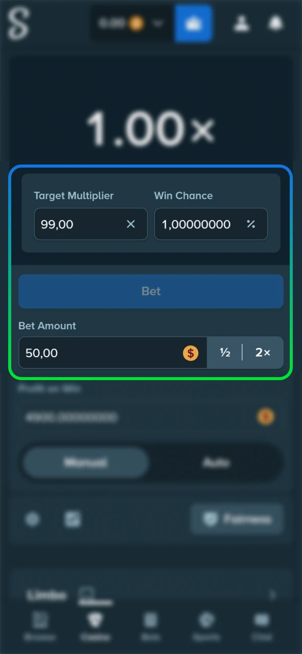 Set your Limbo game stakes on the Stake official portal.