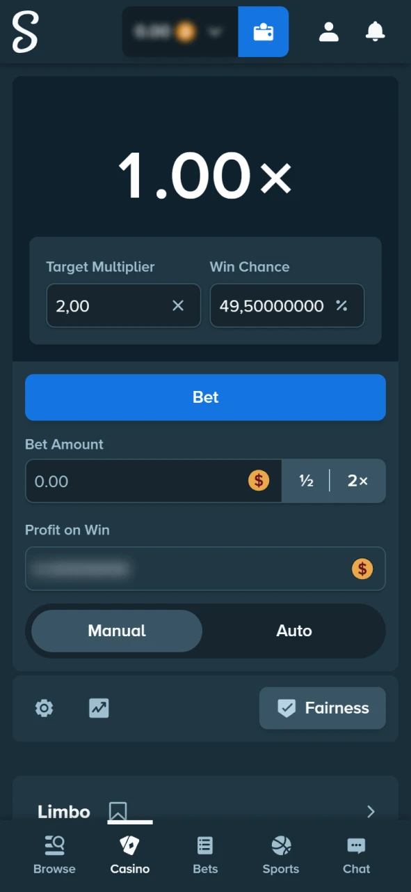 Start a new Limbo game round on the Stake official site.