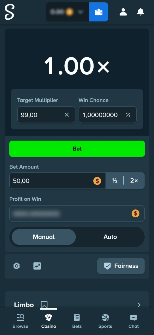 Experience the Limbo betting game on the Stake official platform.
