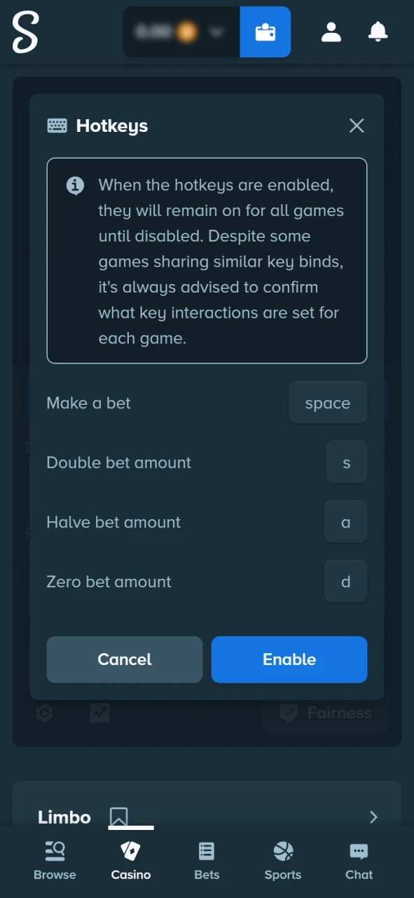 Control the Limbo game using hotkeys on the Stake official app.