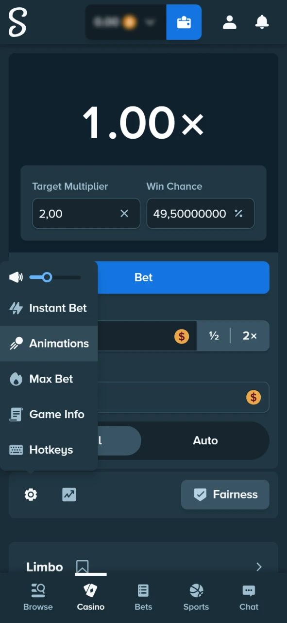 Adjust Limbo game settings on the Stake official gaming hub.