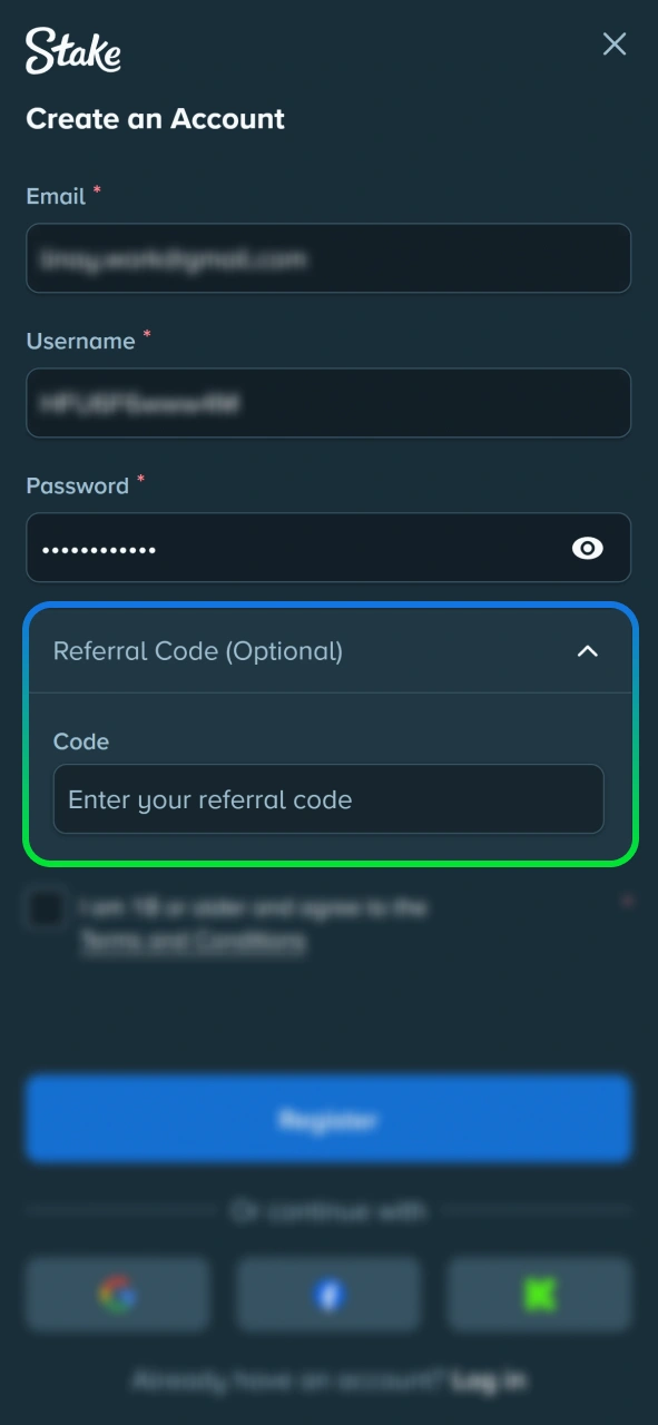 Input your valid referral bonus code on official Stake portal.